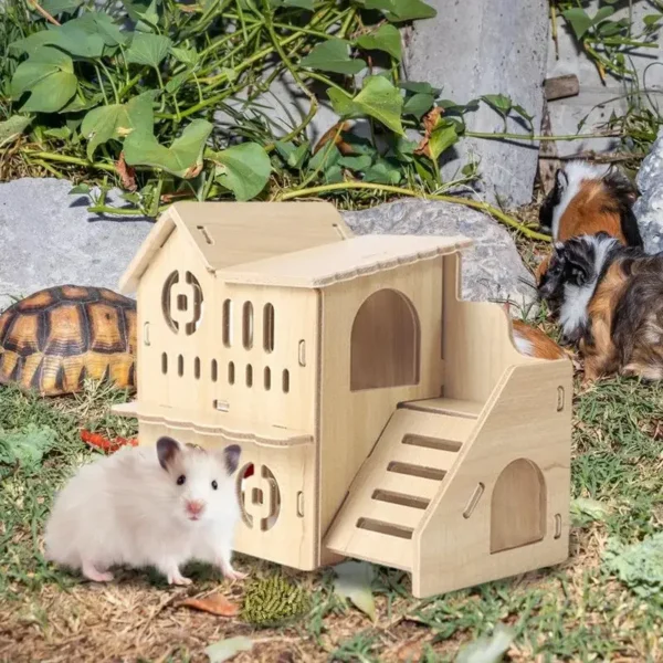 Hamster House Guinea Pig House Hide Wooden Hut Habitat with Doors and Window Multi Chamber Exploration Toy Cage Accessories 3
