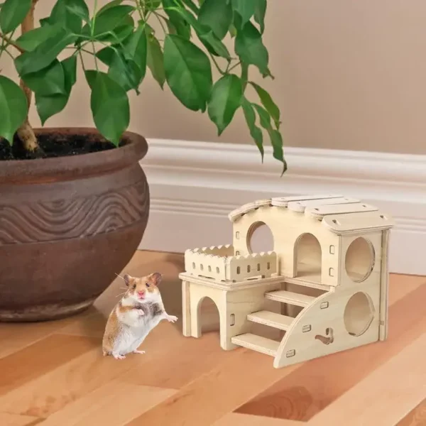 Hamster House Guinea Pig House Hide Wooden Hut Habitat with Doors and Window Multi Chamber Exploration Toy Cage Accessories 4