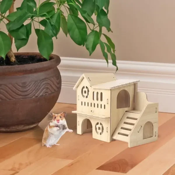 Hamster House Guinea Pig House Hide Wooden Hut Habitat with Doors and Window Multi Chamber Exploration Toy Cage Accessories 2